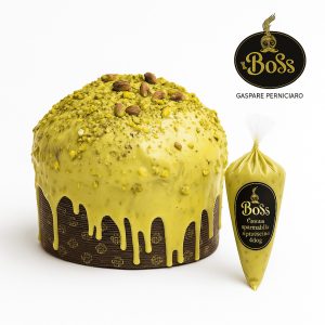 Gran Panettone Artigianale Siciliano al Pistacchio XXL con sac à poche da 440 grammi di crema al pistacchio, su sfondo bianco, prodotto da Il Boss Gaspare Perniciaro.