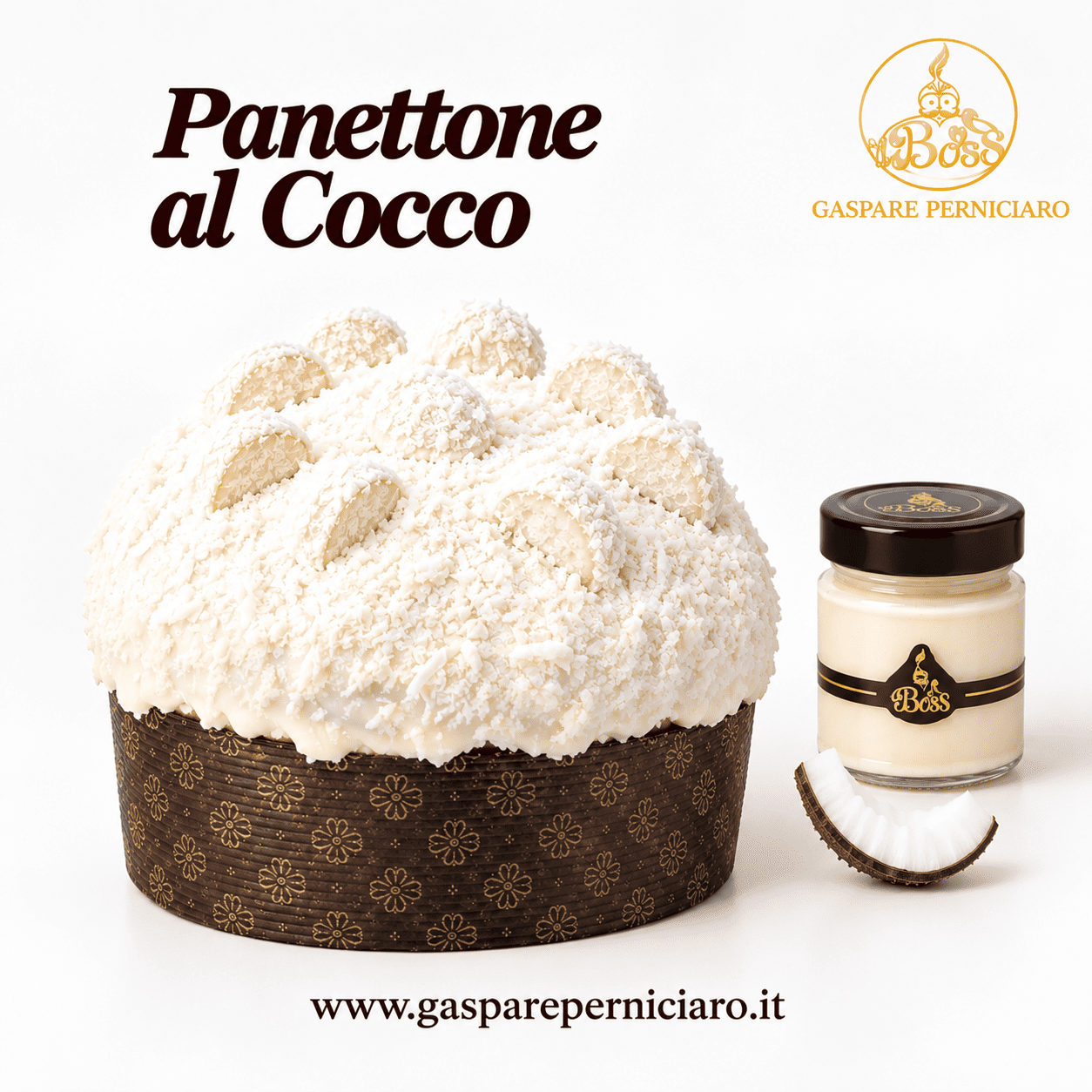 Panettone Artigianale Italiano al Cocco nella confezione premium con crema spalmabile al cocco da 220 g, grande lievitato artigianale italiano