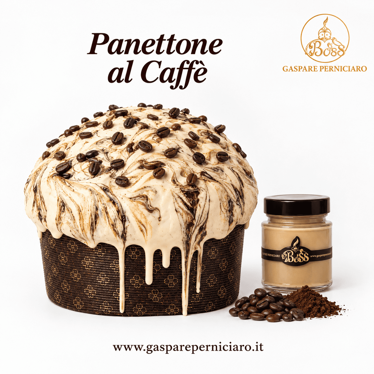 Panettone Siciliano al Caffè Artigianale del Boss con confezione regalo elegante, scatola rigida, dettagli dorati, carta avana e nastro satinato.