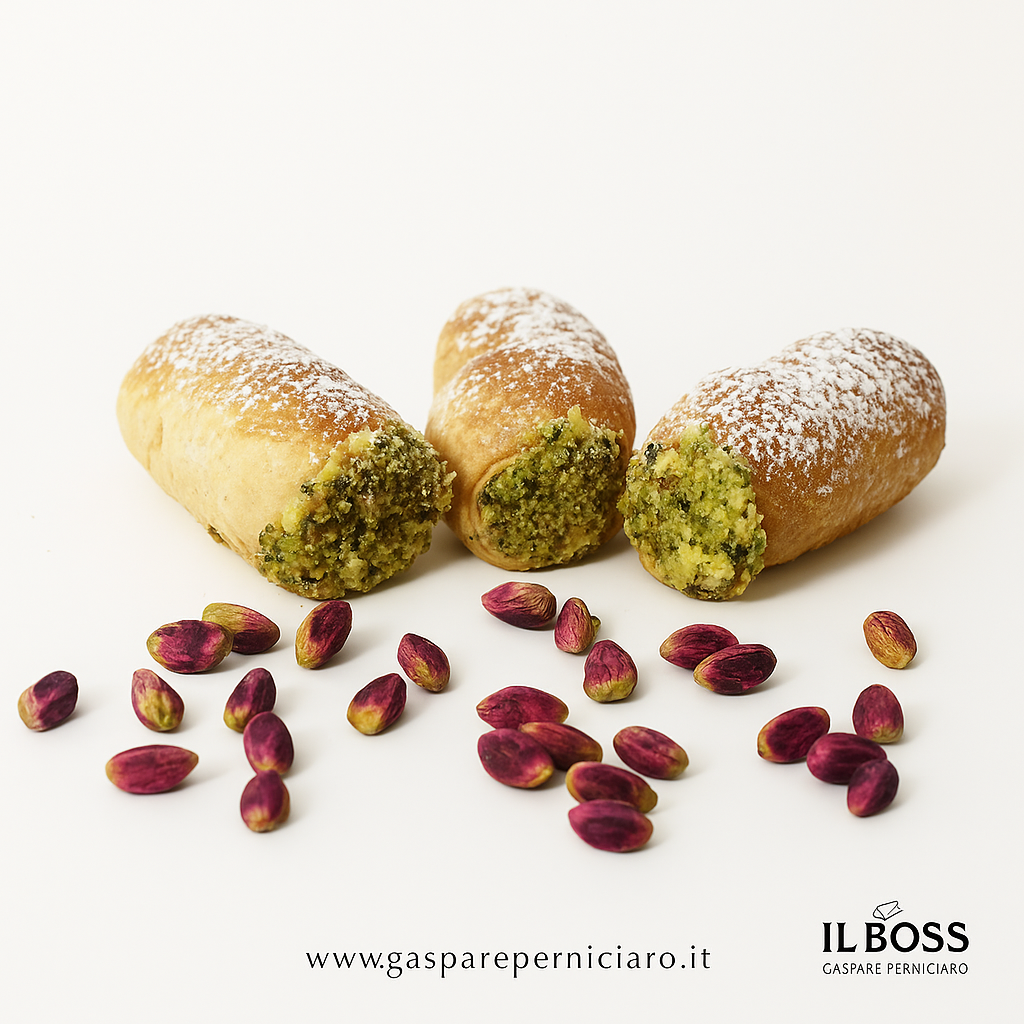 Dettaglio della crema al pistacchio siciliano vellutata all’interno dei Cannoli Sfoglia Mignon artigianali del maestro Gaspare Perniciaro, che evidenzia qualità e lavorazione tradizionale.