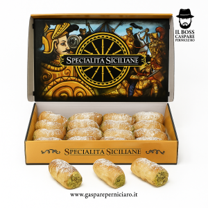 Cannoli Sfoglia Mignon al Pistacchio artigianali realizzati dal maestro pasticciere Gaspare Perniciaro a Sambuca di Sicilia, con crema al pistacchio siciliano vellutata e cialda croccante cotta al forno.