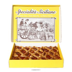 Crostata artigianale siciliana all’albicocca già porzionata in 8 fette, confezionata in elegante scatola tradizionale, ideale per bar, gelaterie e famiglie.