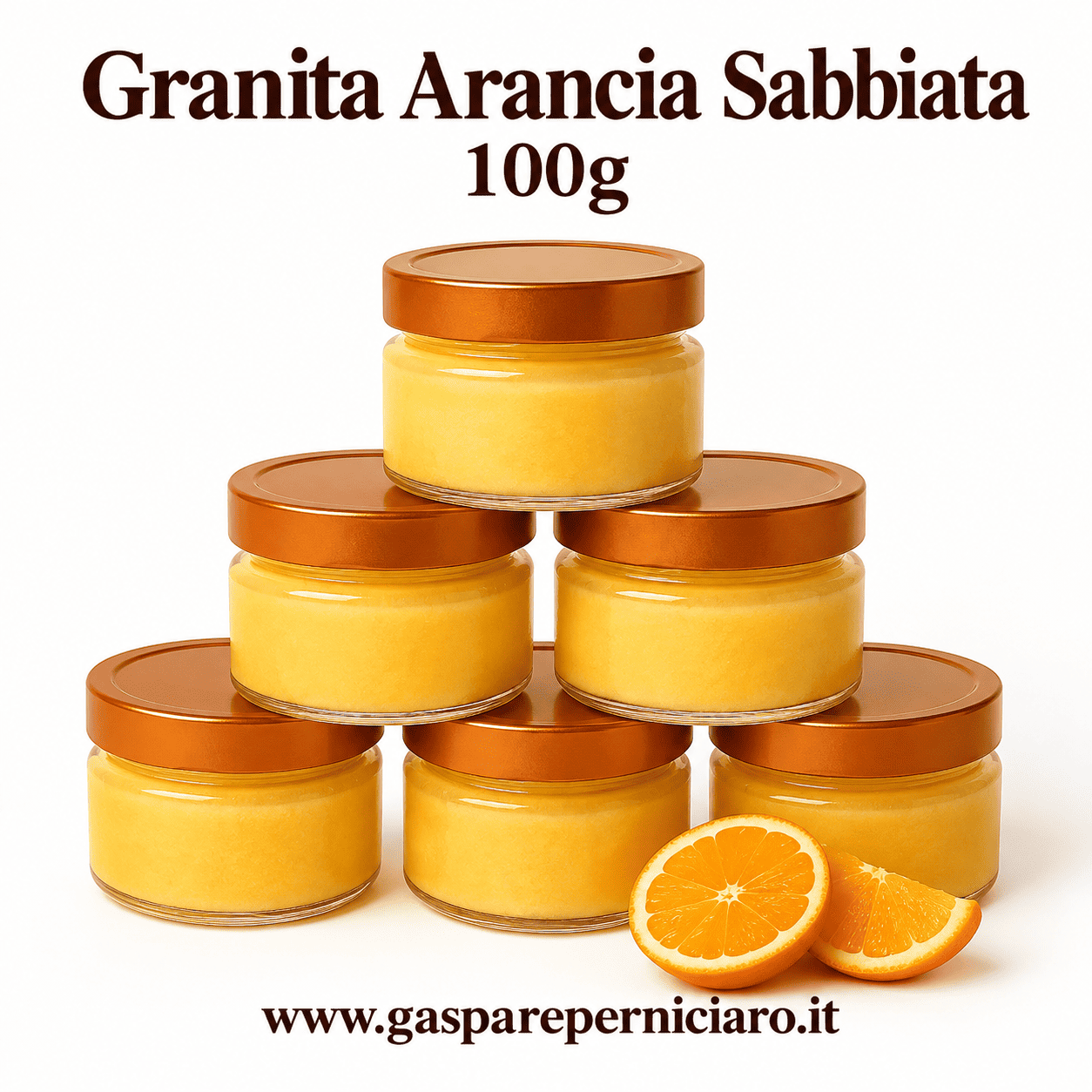 Granita Arancia Sabb­iata 100g siciliana in vasetti monoporzione con coperchio rame, dessert cremoso per catering, matrimoni ed eventi