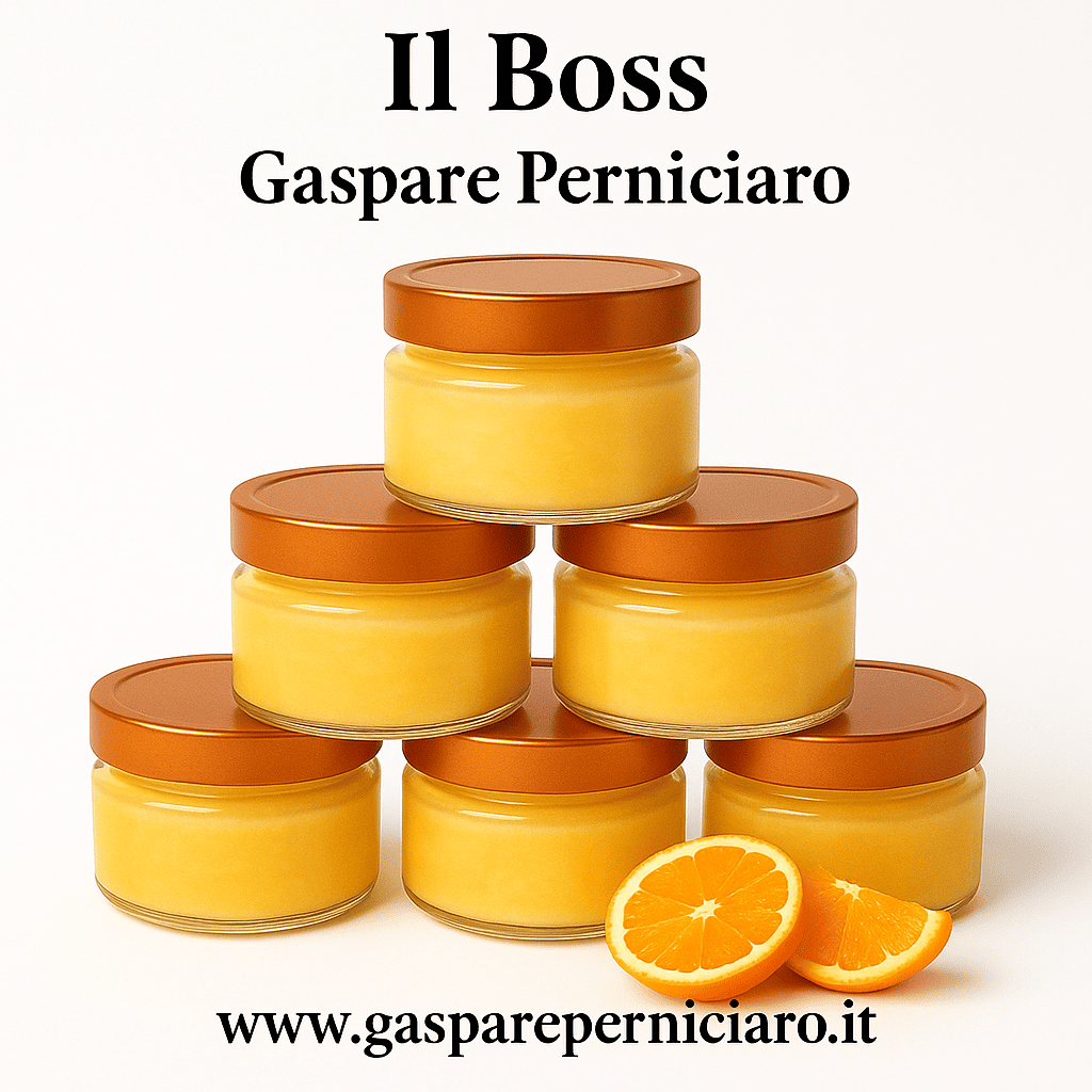 Immagine della granita all’arancia sabbiata di Ribera firmata Il Boss Gaspare Perniciaro, confezione da 48 mini vasetti in vetro da 100 ml con tappo rame