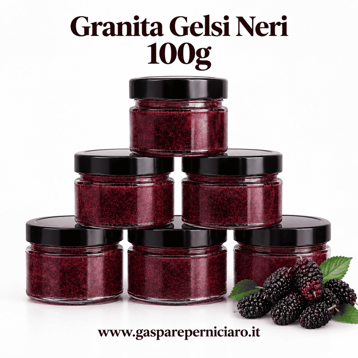 Granita Gelsi Neri 100g siciliana in vasetto di vetro, dessert monoporzione cremoso pronto da servire per matrimoni, catering, hotel ed eventi