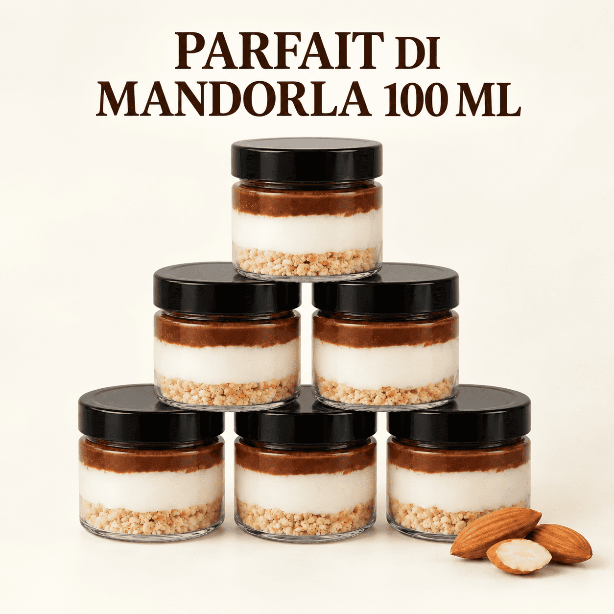 Parfait di Mandorla Siciliana 100 ml in vasetto di vetro con tappo nero, dessert monoporzione professionale per ristoranti