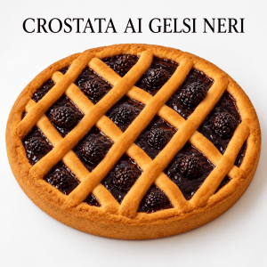 Crostata artigianale ai gelsi neri siciliana con confettura extra al 75% di frutta pasta frolla dorata e superficie scura lucida