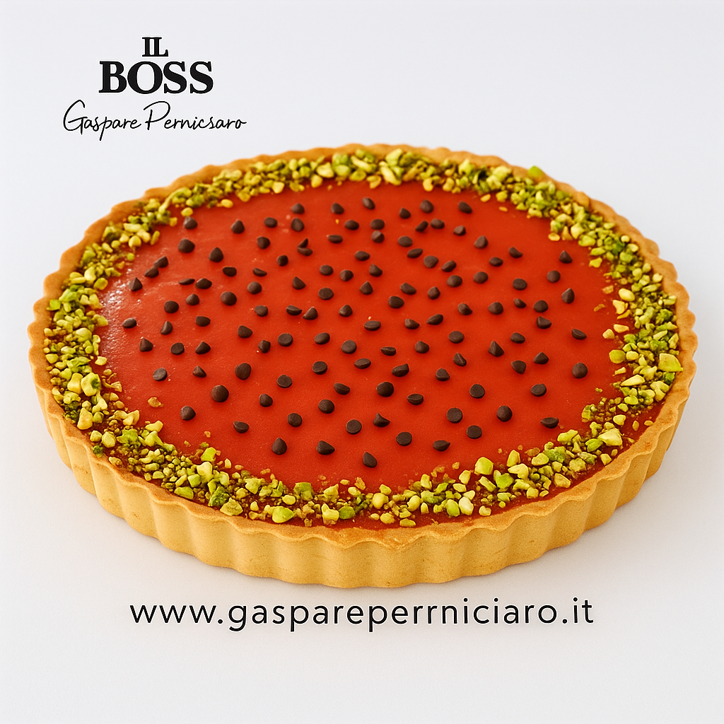 Crostata artigianale al gel di mellone siciliano, preparata con anguria fresca di Campobello di Mazara e pasta frolla dorata firmata Il Boss Gaspare Perniciaro.