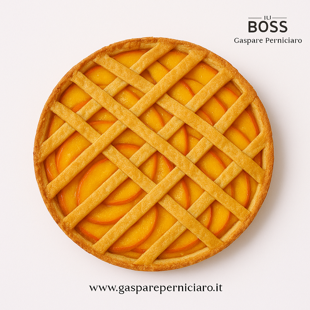 Crostata artigianale con confettura e pezzi a spicchio di pesca di Bivona e Leonforte, dolce siciliano confezionato in elegante scatola regalo firmata Il Boss Gaspare Perniciaro