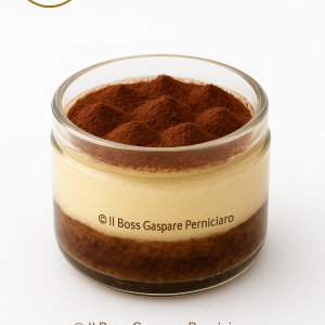 Vasetto di tiramisù gourmet con tre strati: savoiardi al caffè, crema di mascarpone e spumoni di crema con cacao in polvere