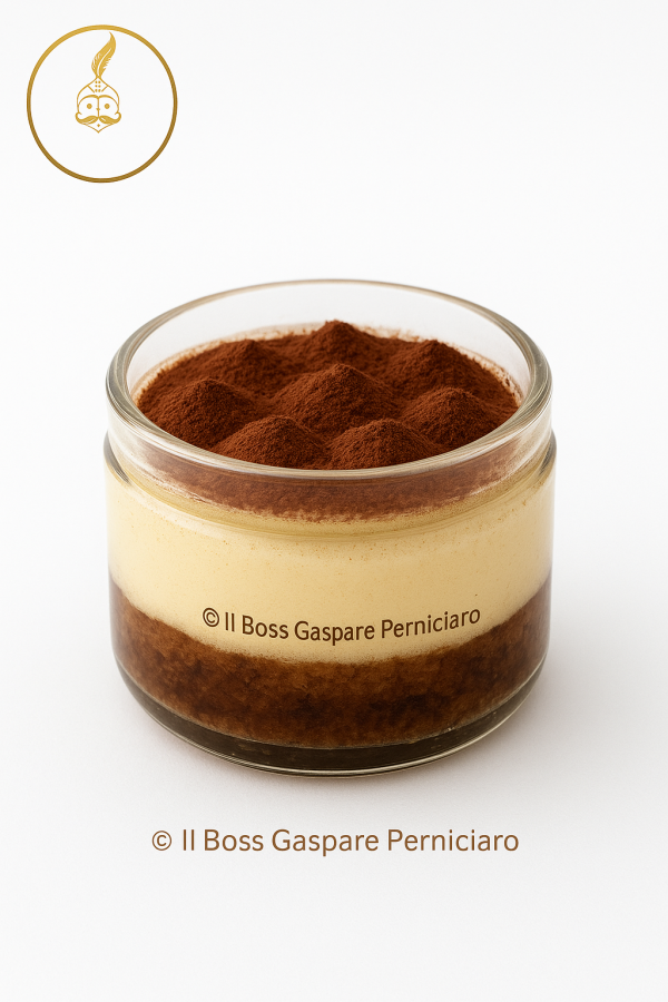 Vasetto di tiramisù gourmet con tre strati: savoiardi al caffè, crema di mascarpone e spumoni di crema con cacao in polvere