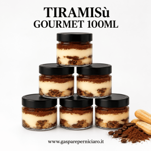 Tiramisù Gourmet 100 ml in vasetto di vetro con tappo nero, crema al mascarpone, savoiardi al caffè e cacao amaro