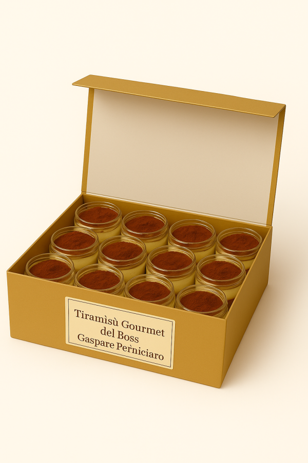 Scatola regalo aperta contenente dodici vasetti di tiramisù artigianale “Tiramisù Gourmet del Boss Gaspare Perniciaro”, disposti ordinatamente su uno sfondo chiaro.