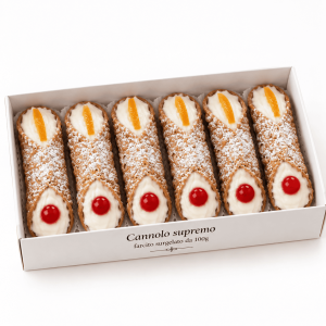 Cannolo Supremo siciliano farcito surgelato da 100 g, sei pezzi con ricotta fresca liscia, arancia candita e ciliegia rossa in confezione