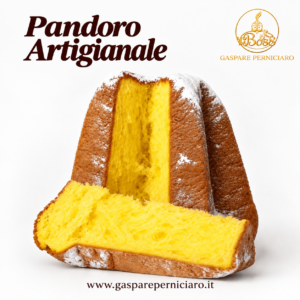 Pandoro artigianale da 1 kg Il Boss Gaspare Perniciaro incartato a mano con elegante confezione regalo natalizia e fiocco decorativo.