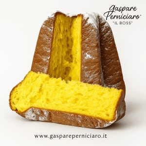 Pandoro artigianale da 1 kg incartato a mano con carta regalo natalizia elegante, prodotto tradizionale siciliano firmato Il Boss Gaspare Perniciaro.