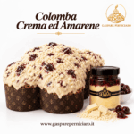 Colomba Crema e Amarene al Cioccolato Bianco con glassa variegata alle amarene e vasetto di crema pasticcera fornito insieme