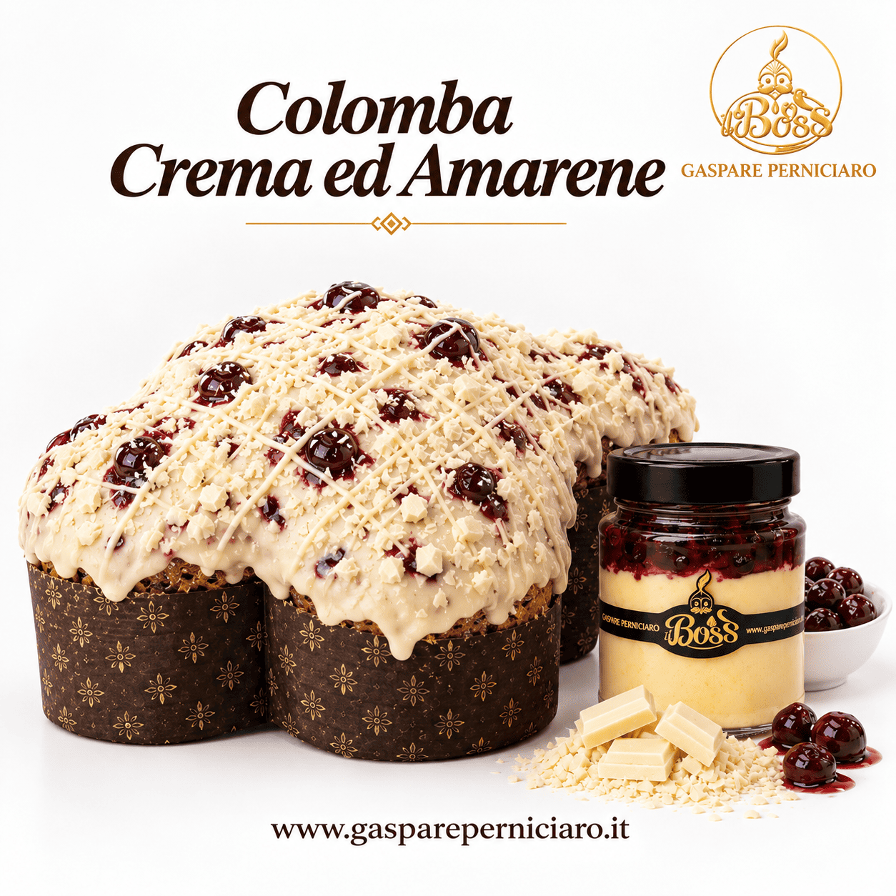 Colomba Crema e Amarene al Cioccolato Bianco con glassa variegata alle amarene e vasetto di crema pasticcera fornito insieme