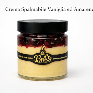 Vasetto in vetro di Crema Spalmabile Vaniglia ed Amarene bigusto con crema alla vaniglia sul fondo e amarene intere in superficie visibili attraverso il vetro trasparente.