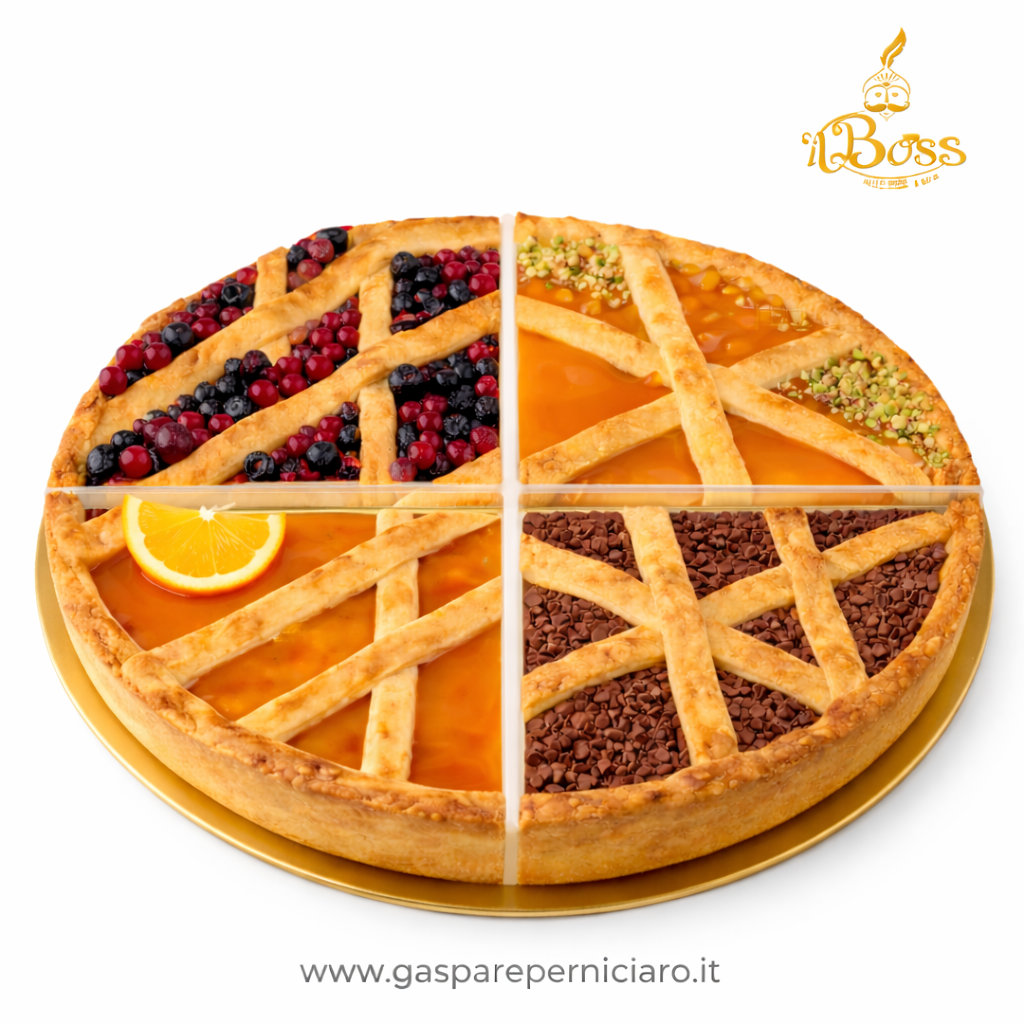 Crostata 4 Gusti Artigianale per B&B su piatto dorato, suddivisa in quattro spicchi con marmellata di albicocca liscia, arancia, frutti di bosco e cioccolato, coperta da intreccio di pasta frolla artigianale, pronta per colazioni professionali di strutture ricettive