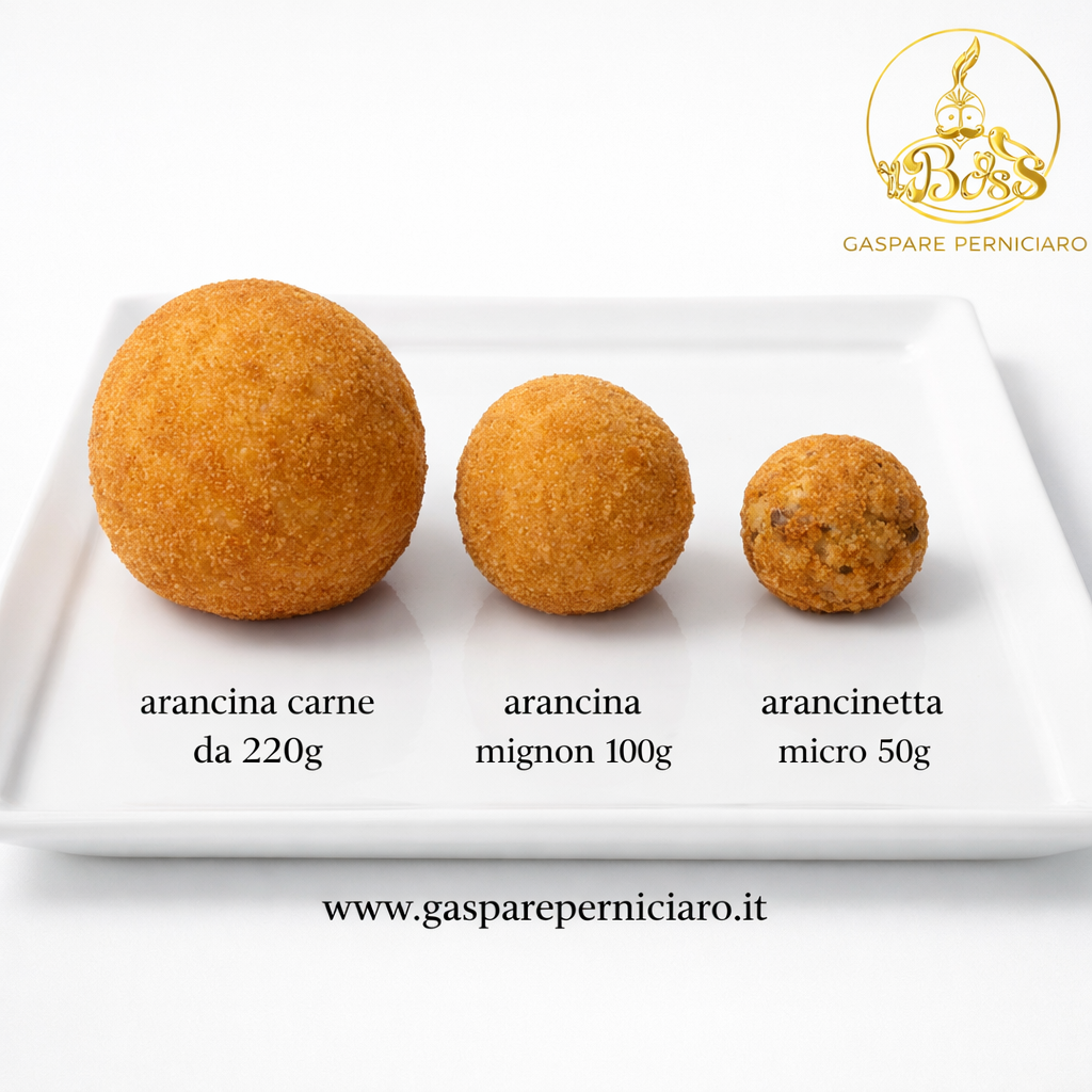 Arancine siciliane artigianali per ingrosso nei formati 220g 100g e 50g disponibili crude o fritte con spedizione su pallet surgelati FRCX -20°