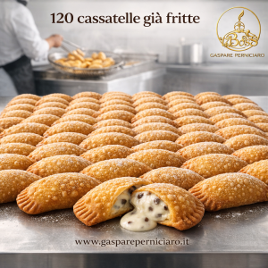 Confezione professionale di cassatelle siciliane di Castellammare del Golfo surgelate da 100 grammi ciascuna in scatola da 120 pezzi prodotte da Gaspare Perniciaro con ricetta tradizionale siciliana