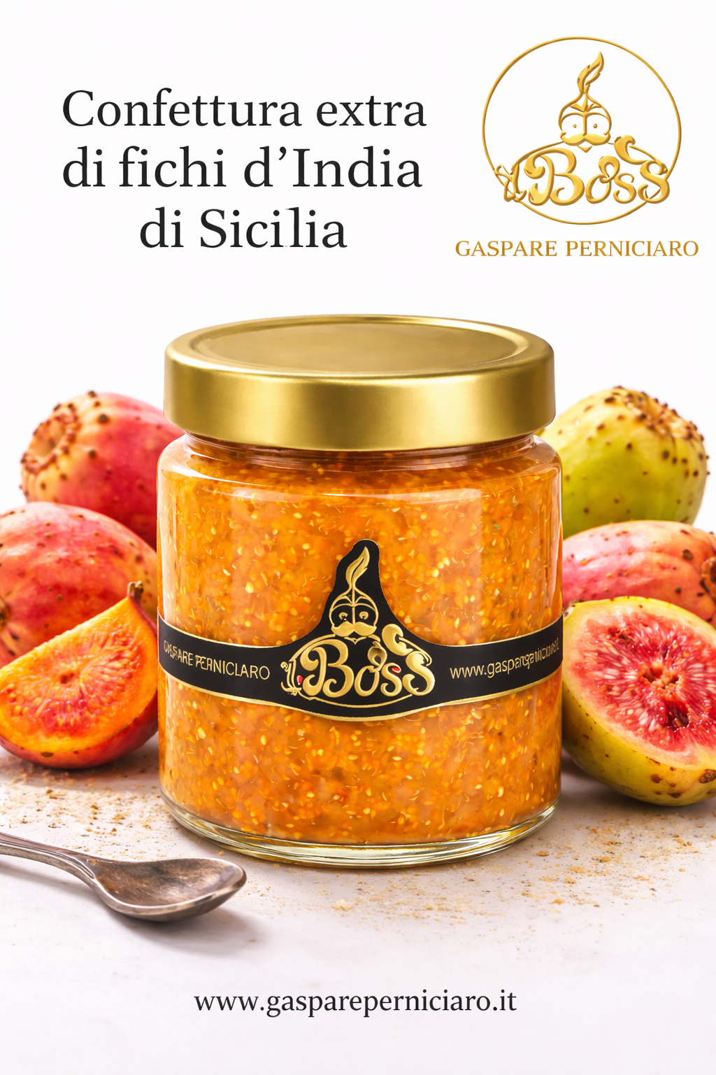 Vasetto di confettura extra di fichi d’India siciliani con tappo oro e etichetta elegante Gaspare Perniciaro con frutti freschi tipici della Sicilia