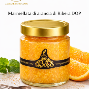 Vasetto in vetro di marmellata di Arancia di Ribera DOP artigianale da 250g con etichetta raffinata e colore arancio brillante naturale tipico della tradizione siciliana