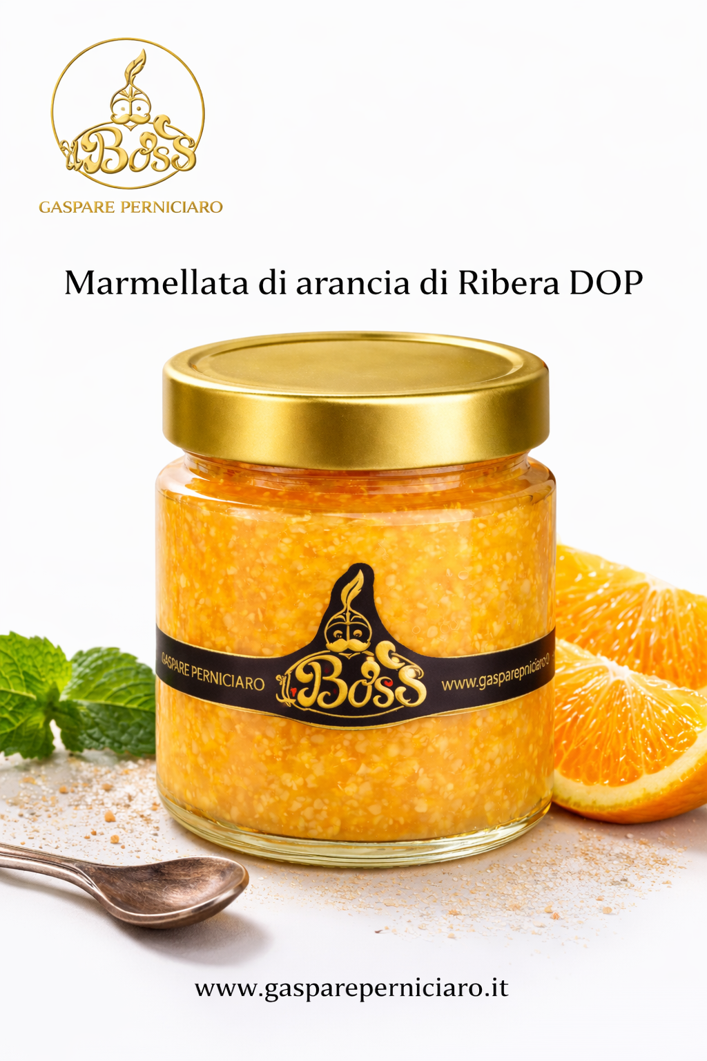 Vasetto in vetro di marmellata di Arancia di Ribera DOP artigianale da 250g con etichetta raffinata e colore arancio brillante naturale tipico della tradizione siciliana