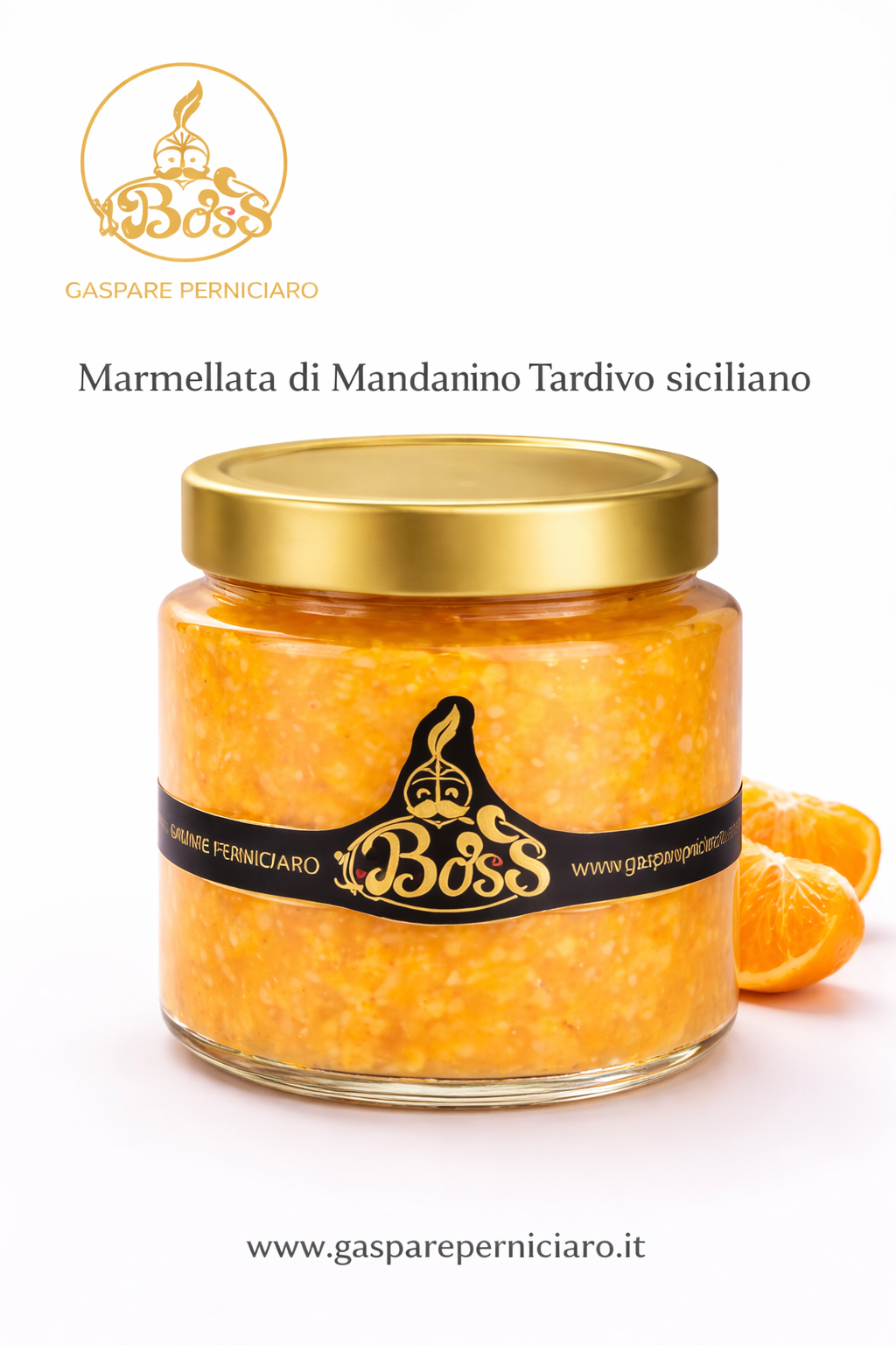 Vasetto in vetro di marmellata di Mandarino Tardivo siciliano artigianale da 250g con colore arancio chiaro naturale e consistenza morbida tipica della produzione siciliana