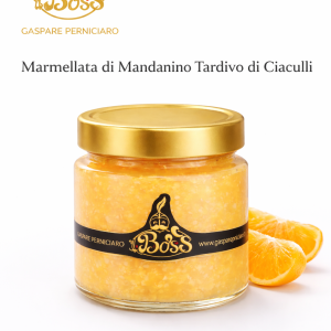 Vasetto in vetro di marmellata di Mandarino Tardivo di Ciaculli artigianale da 250g con colore arancio chiaro naturale e consistenza morbida tipica della produzione siciliana