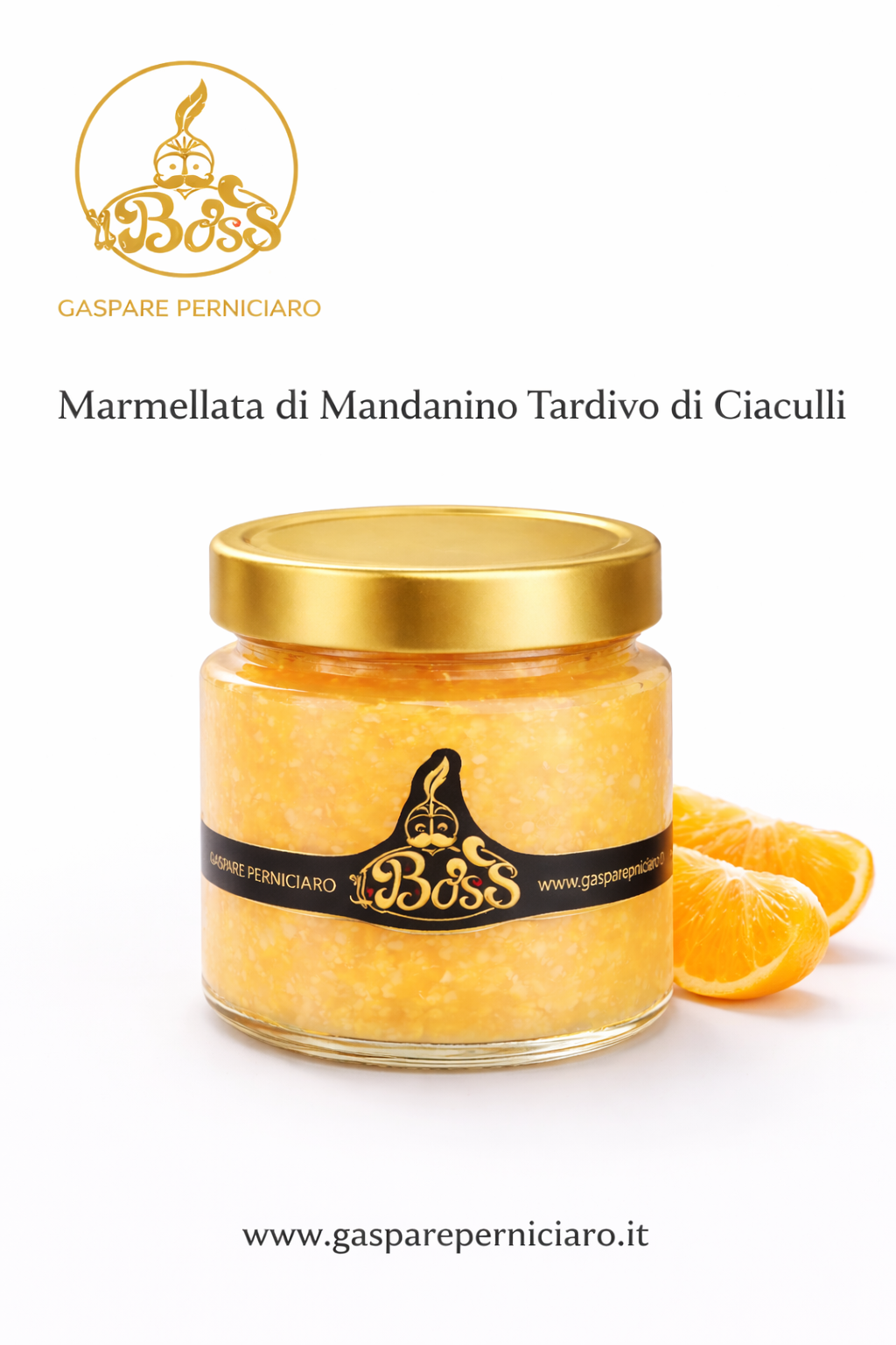 Vasetto in vetro di marmellata di Mandarino Tardivo di Ciaculli artigianale da 250g con colore arancio chiaro naturale e consistenza morbida tipica della produzione siciliana