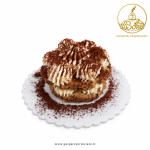 Tiramisù Realistico artigianale Gaspare Perniciaro con savoiardi rotondi imbevuti al caffè e crema ricca di mascarpone decorata con caratteristici ciuffi rigati, dessert monoporzione premium ideale per ristoranti, hotel, catering e vendita online.