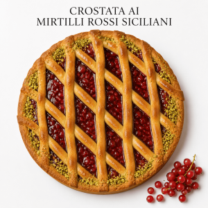 Crostata ai Mirtilli Rossi Siciliani di Mazzarrone con frolla dorata, farcitura rossa intensa e presentazione artigianale elegante.