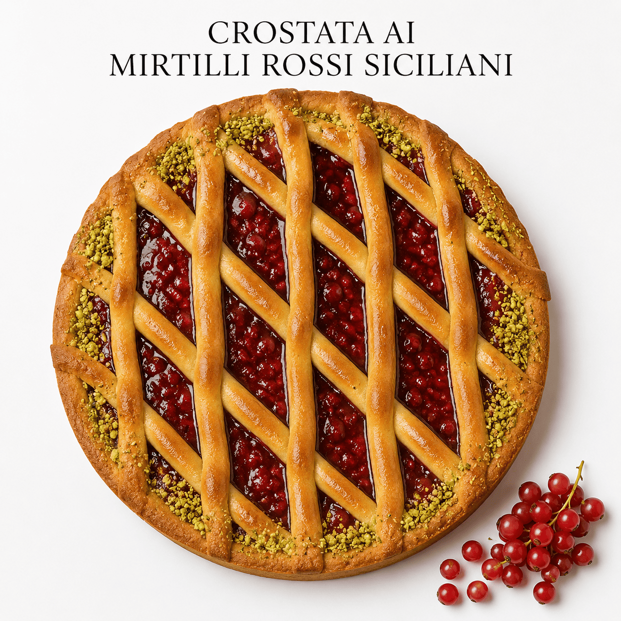 Crostata ai Mirtilli Rossi Siciliani di Mazzarrone con frolla dorata, farcitura rossa intensa e presentazione artigianale elegante.