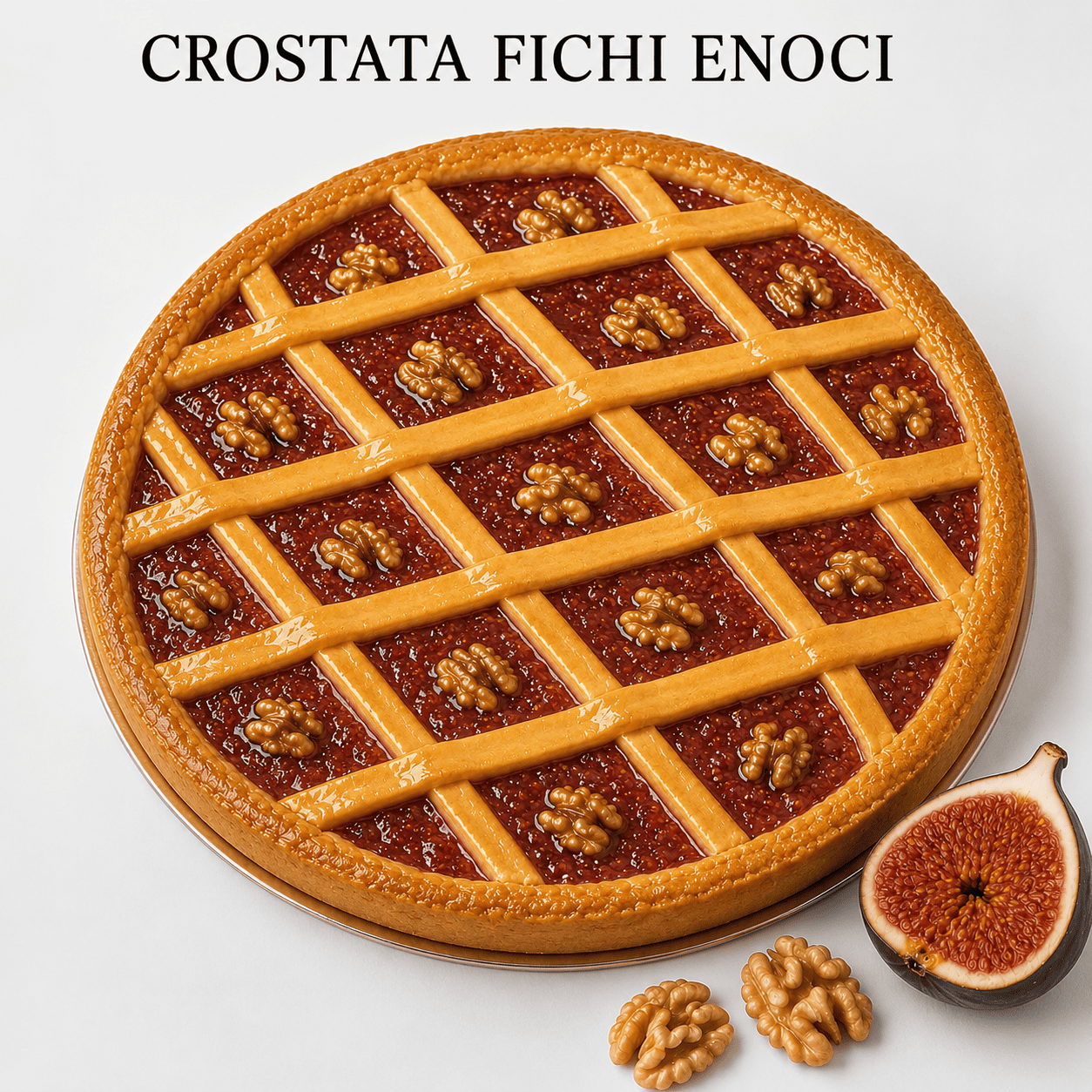 Crostata artigianale di fichi neri e noci siciliane con pasta frolla dorata e marmellata di fichi
