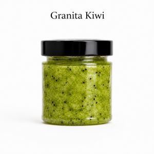 Granita Artigianale al Kiwi in vasetto di vetro monoporzione da 200 ml con colore verde brillante, consistenza morbida e naturale, dessert siciliano senza lattosio, adatto ad alimentazione vegana, ideale per bar, ristoranti, hotel, SPA e degustazioni gourmet.
