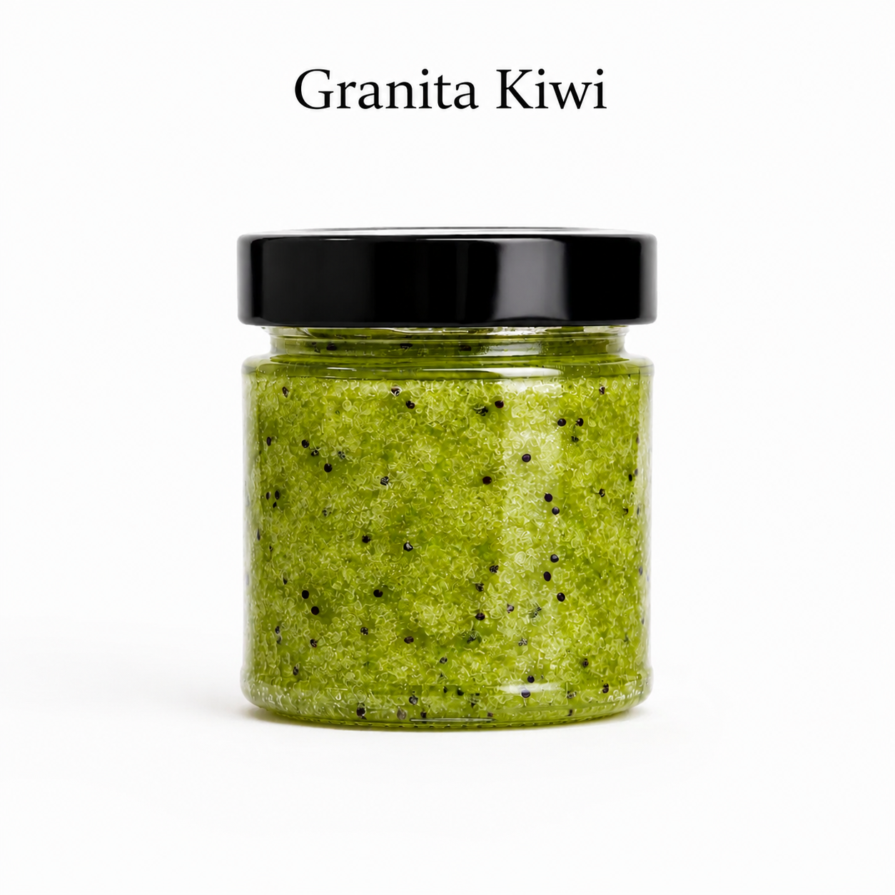 Granita Artigianale al Kiwi in vasetto di vetro monoporzione da 200 ml con colore verde brillante, consistenza morbida e naturale, dessert siciliano senza lattosio, adatto ad alimentazione vegana, ideale per bar, ristoranti, hotel, SPA e degustazioni gourmet.