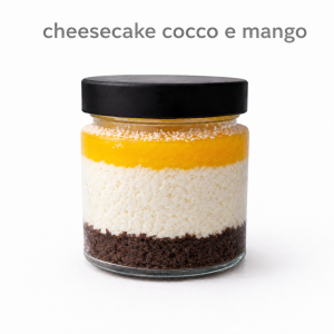 Cheesecake cocco e mango siciliano monoporzione artigianale con mango di Balestrate e confezione premium per ristorazione