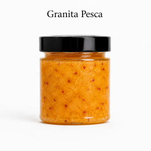Granita alla Pesca di Bivona e Leonforte in vasetto monoporzione, gusto intenso e succulento, packaging premium con tappo nero