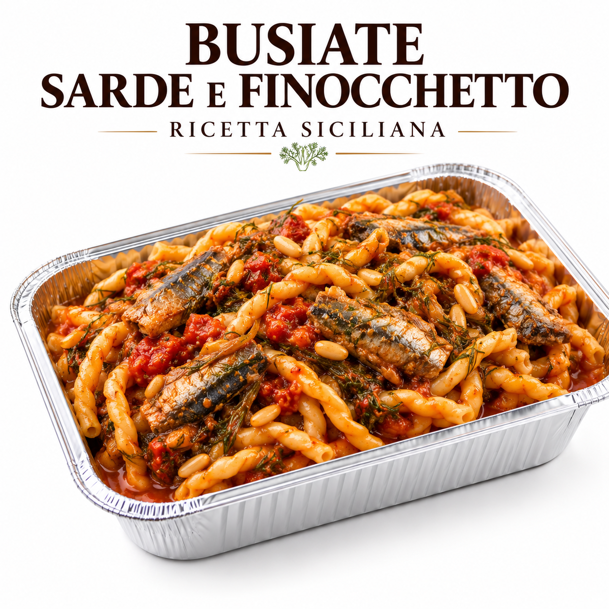 Pasta con le sarde e finocchetto con busiate di Trapani, salsa fresca succosa, sarde di Sciacca e finocchietto selvatico in vaschetta argentata
