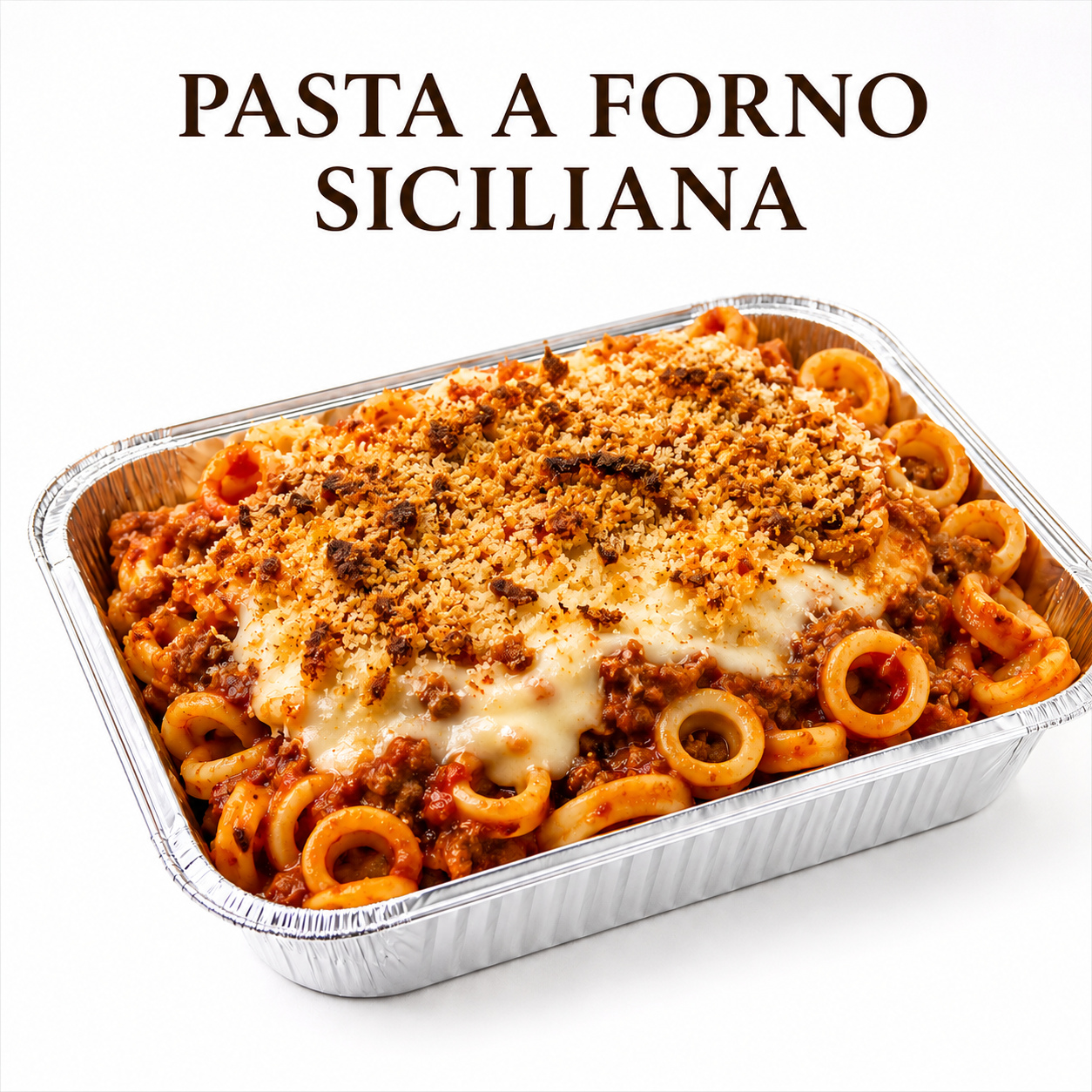 Pasta a forno siciliana con anelletti, ragù succoso, besciamella artigianale, mollica gratinata e confezione in vaschetta argentata da 500 grammi