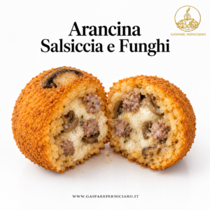 Arancina siciliana salsiccia e funghi tagliata a metà con riso, quattro pezzetti di salsiccia, funghi e mozzarella nel ripieno