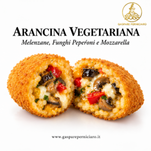 Arancina vegetariana siciliana tagliata a metà con ripieno visibile di melanzane, peperoni, funghi e mozzarella.
