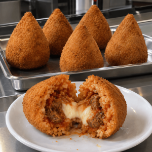 Arancino Catanese Tradizionale da 220 g a punta con panatura croccante, riso al pomodoro, ragù di bovino adulto e cuore di mozzarella