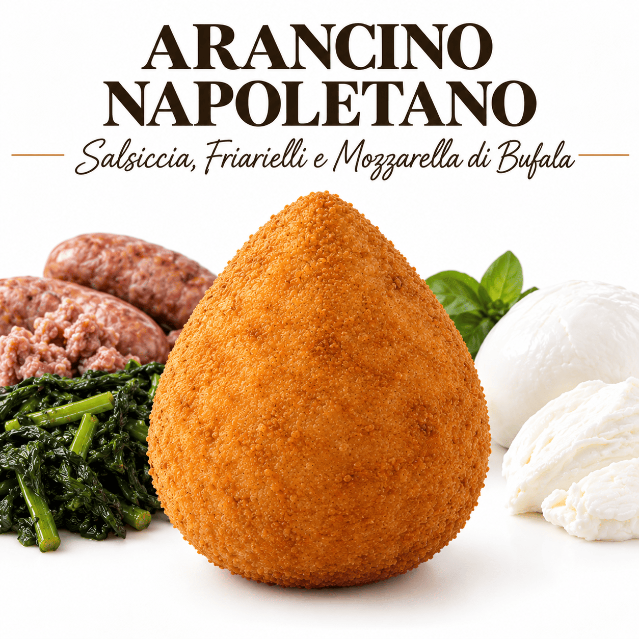 ARANCINO NAPOLETANO GIà FRITTO , MOZZARELA DI BUFALA LA ZIZZONA DI BATTIPAGLIA, FRIARELLI DI AVELLINO , SALSICCIA DI BENEVENTO