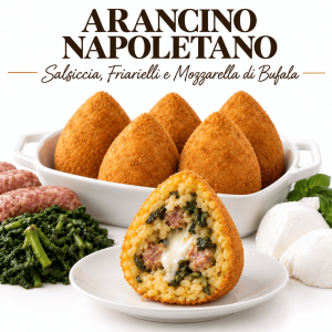 Arancino Napoletano con salsiccia, friarielli e mozzarella di bufala, specialità artigianale surgelata per ristoranti, street food e aziende