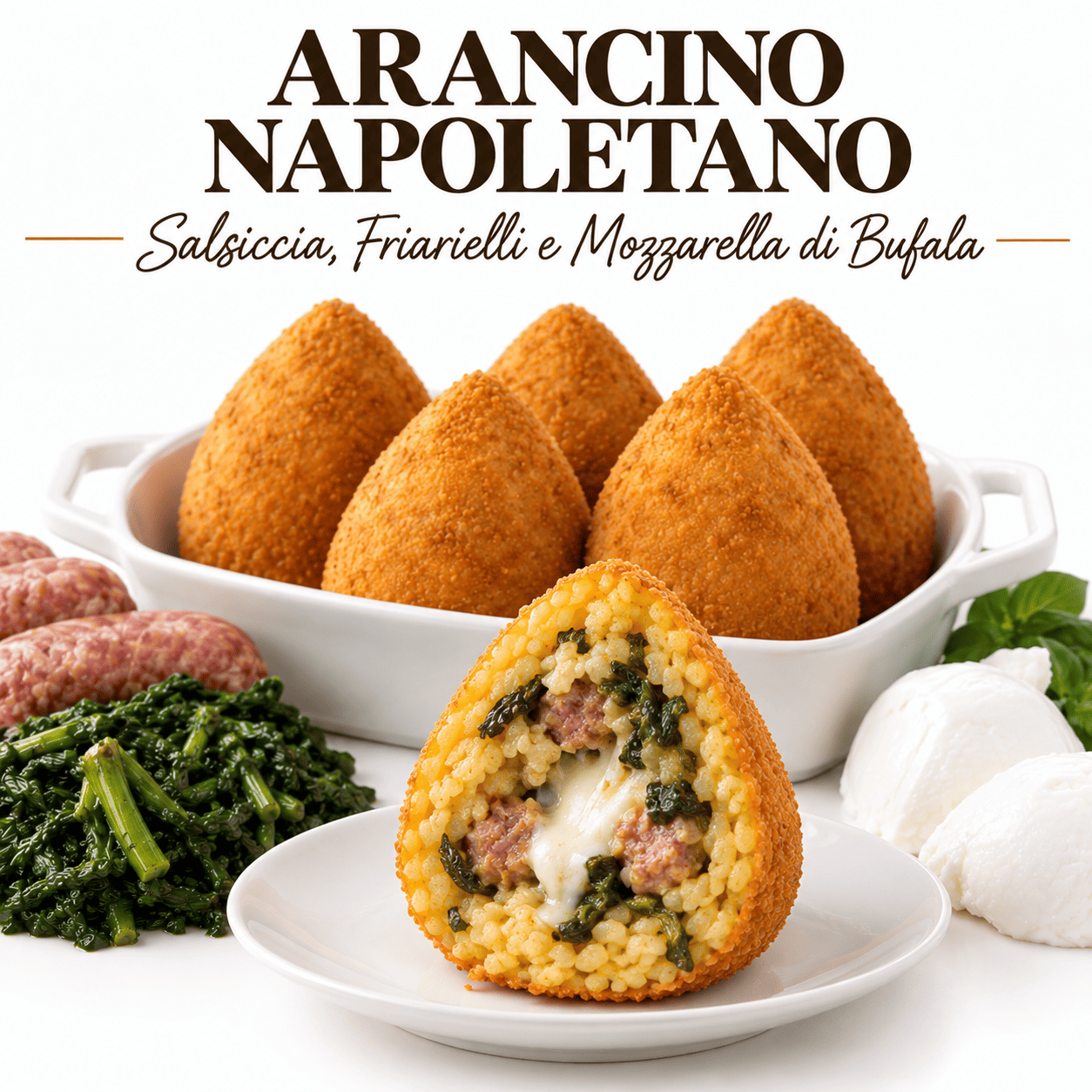 Arancino Napoletano con salsiccia, friarielli e mozzarella di bufala, specialità artigianale surgelata per ristoranti, street food e aziende