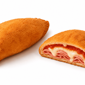 Confezione da 6 calzoni fritti palermitani con prosciutto di altissima qualità, mozzarella e salsa di pomodoro, pasta brioche e panatura dorata.