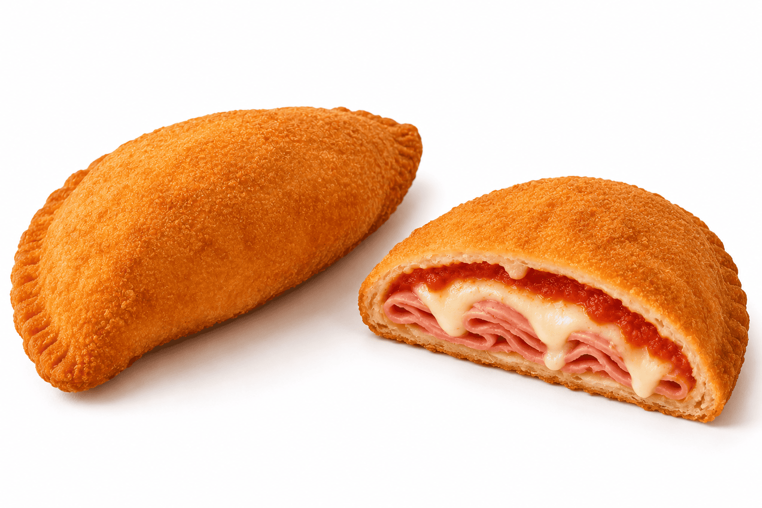 Confezione da 6 calzoni fritti palermitani con prosciutto di altissima qualità, mozzarella e salsa di pomodoro, pasta brioche e panatura dorata.